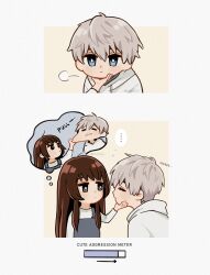 ... 1boy 1girl absurdres blue_eyes border brown_eyes brown_hair cheek_pinching chibi couple english_text grey_hair hair_between_eyes hand_on_another&#039;s_chin hetero highres hood hoodie love_and_deepspace nijinoji parted_lips pinching protagonist_(love_and_deepspace) shirt shirt_under_dress spoken_ellipsis twitter_username wavy_mouth white_border white_hoodie white_shirt xavier_(love_and_deepspace) yellow_background
