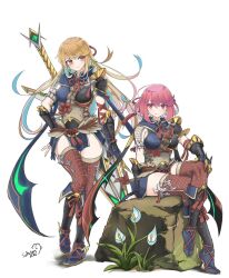 2girls alternate_costume breasts highres kamura_(armor) large_breasts monster_hunter_(series) monster_hunter_rise multiple_girls mythra_(xenoblade) pyra_(xenoblade) simple_background sofusan1526 white_background xenoblade_chronicles_(series) xenoblade_chronicles_2