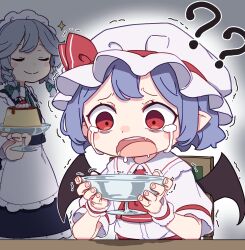 Rule 34 | 2girls, ?, absurdres, apron, ascot, bat wings, blue hair, bow, braid, cherry, closed eyes, crying, fang, food, food theft, fruit, green bow, grey hair, hat, hat ribbon, highres, izayoi sakuya, kame (kamepan44231), maid, maid apron, maid headdress, mob cap, multiple girls, pointy ears, pudding, red ascot, red eyes, remilia scarlet, ribbon, saliva, shirt, short hair, short sleeves, sitting, smile, tears, time stop, touhou, twin braids, waist apron, whipped cream, white hat, white shirt, wings