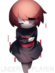Rule 34 | black dress, black leggings, black sclera, blush, colored sclera, colored skin, deeeeeeen114514, double horizontal stripe, dress, grey skin, highres, leggings, light smile, one eye closed, player (underplayer), red eyes, solo, underplayer, undertale, white background