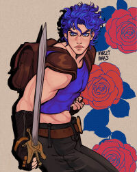 Rule 34 | 1boy, armor, backpack, bag, belt, blue eyes, blue hair, clip studio paint (medium), crop top, eyelashes, fingerless gloves, flower, frown, gloves, highres, holding, holding sword, holding weapon, jojo no kimyou na bouken, jonathan joestar, lips, male focus, marzimars, muscular, muscular male, nose, pale skin, pants, pauldrons, phantom blood, red flower, red rose, rose, shirt, short hair, shoulder armor, solo, sword, weapon