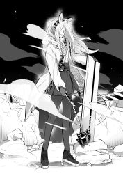1girl animal_ears animal_print arknights coat floating_hair fog full_body greyscale hair_over_one_eye hairband heavyrain_(arknights) highres holding holding_shield holding_weapon hood hood_down iwashi_80 long_hair looking_at_viewer monochrome night night_sky open_mouth rock rubble shield shirt shoes skirt sky smile sneakers solo standing weapon zebra_ears zebra_girl zebra_print