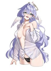 1girl absurdres black_panties blue_hair breasts bright_pupils cropped_legs green_eyes halo hand_on_own_chest head_wings highres honkai:_star_rail honkai_(series) large_breasts long_hair long_sleeves looking_at_viewer miltto open_mouth panties partially_unbuttoned robin_(honkai:_star_rail) shirt simple_background smile solo underwear very_long_hair white_background white_pupils white_shirt white_wings wings