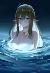 1girl absurdres ahoge azur_lane bare_shoulders breasts cleavage detached_collar elf gem gouden_leeuw_(azur_lane) green_gemstone hair_between_eyes highres huge_breasts kafeifeifeifeifeifei_jiemo_jun long_hair looking_at_viewer pointy_ears purple_eyes solo water wet