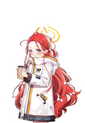 1girl absurdres ahoge blue_archive blue_eyes blush bow braid chinese_commentary coat commentary cowboy_shot cup disposable_cup drink drinking_straw fluffy_hair forehead grin hair_around_ear hair_behind_ear hair_bow halo handheld_game_console highres holding holding_cup holding_drink hood hood_down hooded_coat long_hair long_sleeves looking_at_viewer milk_tea millennium_science_school_logo multicolored_coat object_in_pocket orange_coat orange_halo pocket power_symbol red_hair simple_background single_braid smile solo standing very_long_hair white_background white_bow white_coat wuyin yuzu_(blue_archive)