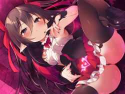 1girl absurdres ass bare_shoulders black_hair black_nails black_panties breasts demon_girl demon_wings dungeon fingernails frilled_shirt frilled_skirt frills garter_straps highres loafers long_fingernails long_hair looking_at_viewer msp_sammy non-web_source original panties pointy_ears pubic_tattoo pubic_tattoo_through_clothing purple_eyes shirt shoes skirt sleeveless sleeveless_shirt small_breasts solo spread_legs tattoo underwear variant_set wings