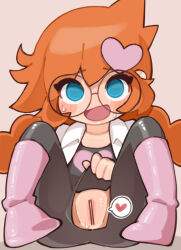 1girl :d absurdres bar_censor black_pants black_shirt blue_eyes boots brown_background censored crotch_cutout hair_ornament heart heart_hair_ornament heart_print highres knees_up legs_apart long_hair looking_at_viewer nintendo no_nose no_pupils open_clothes open_mouth open_shirt orange_hair pants penny_crygor pink_boots print_shirt pussy round_eyewear shirt simple_background sitting smile solo speech_bubble spoken_heart straight-on suiran_(suiran2822) twintails warioware white_shirt
