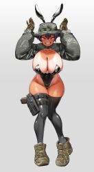 absurdres black_hair black_leotard boonie_hat breasts camouflage camouflage_jacket cleavage collarbone gloves gun handgun highres hitch_(perotoss) holster holstered huge_breasts jacket leotard mons_pubis orange_eyes original playboy_bunny sharp_teeth shoes short_hair shrug_(clothing) sneakers tan tanline teeth thigh_holster thighhighs very_short_hair weapon