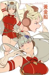 1girl adversarial_noise animal_ears arm_up armpits bea_lenoir bow breasts character_name clenched_teeth dress ear_covers gloves gold_ship_(umamusume) grey_hair highres horse_ears horse_girl large_breasts long_hair multiple_views no_legwear open_mouth pillbox_hat pink_eyes purple_bow red_dress teeth toned toned_female umamusume white_background white_gloves
