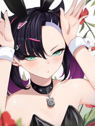 1girl absurdres alternate_costume animal_ear_hairband animal_ears arms_up asymmetrical_bangs bare_shoulders black_choker black_hair black_leotard black_nails blush choker closed_mouth earrings fake_animal_ears flat_chest flower gen_8_pokemon green_eyes hair_ornament hairband hairclip highres jewelry leotard looking_at_viewer marnie_(pokemon) morpeko morpeko_(full) multicolored_hair nintendo open_hands playboy_bunny pokemon pokemon_swsh purple_hair rabbit_ear_hairband rabbit_ears rabbit_pose red_flower solo spiz stud_earrings twintails two-tone_hair undercut upper_body wrist_cuffs