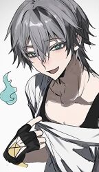1boy black_gloves black_tank_top blue_eyes caelus_(honkai:_star_rail) fingerless_gloves gloves gradient_background grey_background grey_hair hair_between_eyes highres holding honkai:_star_rail honkai_(series) looking_at_viewer male_focus mauchi_(lilllox) open_mouth shirt_tug simple_background solo tank_top trailblazer_(honkai:_star_rail) upper_body