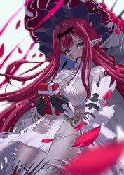 1girl absurdres baobhan_sith_(fate) baobhan_sith_(third_ascension)_(fate) bare_shoulders blush boots box bracelet breasts cross-laced_clothes detached_sleeves dress facial_mark fangs fate/grand_order fate_(series) flower gag gift gift_box grey_eyes guriguri_(arayotto4351) hairband hat highres jewelry large_breasts large_hat long_hair looking_at_viewer panties pink_hair pointy_ears revealing_clothes rose short_dress sidelocks solo thigh_boots thighs underwear variant_set white_boots white_dress white_hat white_panties