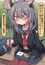 Rule 34 | 1girl, alternate costume, animal ears, arm at side, bag, bandaid, bandaid on cheek, bandaid on face, bench, bento, bespectacled, blurry, blurry background, blush, buttons, cardigan, casual, cheese, chopsticks, closed mouth, commentary request, contemporary, day, double-parted bangs, earrings, fingernails, food, furrowed brow, glasses, hair between eyes, highres, holding, holding chopsticks, jewelry, long fingernails, long sleeves, miniskirt, mouse ears, mouse girl, mouse tail, nazrin, on bench, open cardigan, open clothes, outdoors, pants, pants under skirt, red nails, rice, sailor collar, school uniform, serafuku, shirt, single earring, sitting, siw0n, skirt, solo, tail, touhou, track pants, translation request, unbuttoned