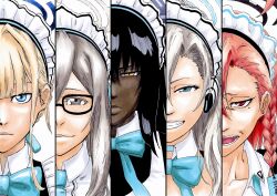 5girls akane_(blue_archive) alpen_no_koyari asuna_(blue_archive) black-framed_eyewear black_hair bleach blonde_hair blue_archive blue_bow blue_bowtie blue_choker blue_eyes bow bowtie braid choker closed_mouth commentary_request dark-skinned_female dark_skin earrings grey_eyes grey_hair grin halo headphones highres jewelry karin_(blue_archive) kubo_tite_(style) long_hair looking_at_viewer maid maid_headdress mole mole_under_eye multiple_girls neru_(blue_archive) open_mouth parody red_eyes red_hair smile split_theme stud_earrings style_parody toki_(blue_archive) very_dark_skin yellow_eyes