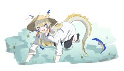 1girl :d ^^^ all_fours aqua_eyes arknights artist_name black_pants blonde_hair blue_hair blush commentary dragon_girl dragon_horns dragon_tail earrings eastern_dragon_tail english_commentary fangs hat highres horns jewelry long_sleeves meme multicolored_hair open_mouth pants pointy_ears rice_hat rice_paddy shirt shu_(arknights) smile solo tail tvfilthyfrank water welcome_to_the_rice_fields_motherfucker_(meme) white_shirt yumyum