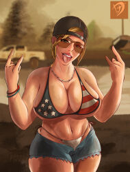 1girl absurdres american_flag american_flag_bikini american_flag_print backwards_hat bikini black_hat blonde_hair blue_eyes blue_shorts blurry blurry_background bracelet breasts brown-tinted_eyewear car darth_jin depth_of_field flag_print grand_theft_auto grand_theft_auto_vi hat highres jewelry large_breasts motor_vehicle mud navel necklace open_clothes open_shorts print_bikini redneck_girl_(gta_vi) short_hair short_shorts shorts sunglasses swimsuit teeth tinted_eyewear tongue tongue_out upper_teeth_only white_car