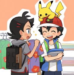 2boys :d ash_ketchum backpack bag black_hair black_pants blue_eyes blue_vest brown_bag closed_eyes clothes_hanger commentary_request floral_print gen_1_pokemon goh_(pokemon) grey_shirt hat highres holding holding_shirt holding_unworn_clothes hood hood_down hooded_shirt male_focus multiple_boys nintendo on_head open_clothes open_mouth open_vest pants pikachu pokemon pokemon_(anime) pokemon_(creature) pokemon_journeys pokemon_on_head pokesumomo red_hat shirt short_sleeves smile sparkle t-shirt teeth unworn_shirt upper_teeth_only vest white_shirt