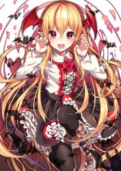 &gt;:d 1girl :d bat_wings black_pantyhose black_skirt blonde_hair blush collared_shirt cowboy_shot fangs female_focus flower frilled_skirt frills granblue_fantasy head_wings highres homaderi long_hair long_sleeves looking_at_viewer open_mouth pantyhose pointy_ears red_eyes red_flower red_rose rose shingeki_no_bahamut shirt skirt smile solo v-shaped_eyebrows vampire vampy very_long_hair white_shirt wings