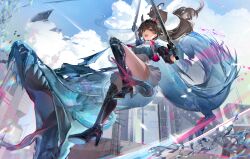 1girl :d absurdres aqua_eyes arknights arknights:_endfield artist_name black_boots black_horns boots brown_hair chen_qianyu_(arknights) cloud commentary crystal day dragon dual_wielding eastern_dragon high_heel_boots high_heels highres holding holding_sword holding_weapon horns jumping lens_flare long_hair looking_at_viewer open_mouth outdoors pink_pupils shoe_soles signature skirt smile solo sword tail thigh_boots weapon white_skirt xiaoraini