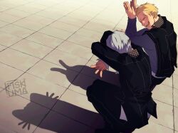 2boys arms_up black_jacket black_pants blonde_hair cat_shadow_puppet_(meme) closed_eyes collared_jacket commentary grey_hair hair_slicked_back highres houndstooth impetuss jacket kneeling laughing long_sleeves male_focus meme multiple_boys narukami_yu open_mouth pants persona persona_4 scar scar_on_face school_uniform short_sideburns symbol-only_commentary tatsumi_kanji teeth tile_floor tiles tongue upper_teeth_only yasogami_school_uniform