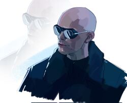1boy bald black_coat black_shirt coat commentary dc_comics dc_universe_(franchise) goggles highres lex_luthor male_focus mirimalt serious shirt solo sunglasses superman_(2025) superman_(series) zoom_layer