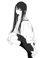 1girl arms_at_sides asymmetrical_sleeves closed_mouth collared_shirt expressionless full_body greyscale highres kneehighs knees_up long_hair looking_at_viewer looking_to_the_side mizuho_(sonny_boy) monochrome needbee_r shirt simple_background single_sleeve_past_wrist skirt sleeve_rolled_up socks solo sonny_boy uneven_sleeves