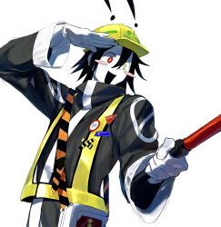 1other aa_kabeuchi black_coat black_hair blush_stickers coat colored_skin gloves green_eyes hand_up hard_hat helmet heterochromia high-visibility_clothing high-visibility_vest highres holding holding_baton looking_at_viewer looking_to_the_side michishirube_kiro multicolored_eyes open_mouth pedestrian_lights red_eyes salute short_hair shoulder_strap simple_background smile solo traffic_baton upper_body utau white_background white_gloves white_skin yellow_eyes