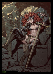 1girl abs absurdres amazon_warrior armor artist_name belt bikini_armor boots breasts chainmail choker cleavage cromwaits dungeon fingerless_gloves gloves happuri_(forehead_armor) highres jewelry loincloth long_hair necklace red_eyes red_hair ruins sitting small_breasts solo sword thigh_boots throne toned traumatorium_penitent weapon