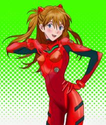 Rule 34 | 1girl, blue eyes, bodysuit, breasts, hand on own hip, looking at viewer, mecha pilot suit, medium breasts, neon genesis evangelion, open mouth, orange hair, plugsuit (evangelion), rabitan1022, red bodysuit, smile, solo, souryuu asuka langley