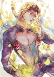 1boy blonde_hair blue_eyes blurry braid bug butterfly depth_of_field earrings flower giorno_giovanna gradient_background highres holding holding_flower insect jewelry jojo_no_kimyou_na_bouken ladybug leaf male_focus nekoyashiki_pushio pectorals petals solo vento_aureo victory_rolls