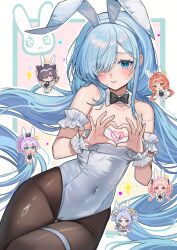 6+girls absurdres alternate_costume alternate_hairstyle animal_ear_hairband animal_ears ariko_(aaaaarik) armband artist_name azur_lane bare_shoulders black_pantyhose blue_eyes blue_hair breasts character_request chibi chibi_inset commentary covered_navel eyes_visible_through_hair fake_animal_ears four-finger_heart_hands frilled_armband frills green_eyes hair_over_one_eye hairband heart heart_hands highres janus_(azur_lane) javelin_(azur_lane) jersey_(azur_lane) jervis_(azur_lane) juno_(azur_lane) jupiter_(azur_lane) leotard looking_at_viewer low_twintails multiple_girls orange_hair pantyhose pink_hair playboy_bunny purple_eyes purple_hair rabbit_ear_hairband rabbit_ears small_breasts solo_focus strapless strapless_leotard symbol-only_commentary twintails white_armband white_leotard wrist_wrap