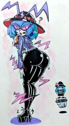 2girls ? arched_back ass ass_focus band_shirt bent_over blue_hair clothes_writing confused electricity floating food fruit hair_ornament hand_on_own_leg hat highres hinanawi_tenshi jacket kaname-ishi kevin_arthur leather leather_jacket leather_pants lightning_bolt lightning_bolt_hair_ornament lightning_bolt_symbol merchandise multiple_girls nagae_iku open_mouth pants peach pink-framed_eyewear purple_jacket shiny_clothes shiny_legwear short_hair skin_tight sunglasses tight_clothes tight_pants touhou traditional_media