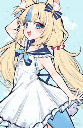 1girl ahoge animal_ear_fluff animal_ears arm_up blonde_hair blue_eyes blue_hair blue_nails cat_ears dress emu_(confisery) fins fish_girl fish_tail highres indie_virtual_youtuber long_hair looking_at_viewer low_twintails multicolored_hair nail_polish one_side_up open_mouth sameko_saba sleeveless sleeveless_dress smile solo streaked_hair tail teeth twintails upper_teeth_only very_long_hair virtual_youtuber white_dress