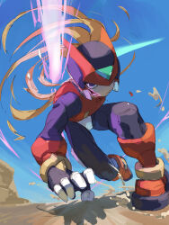 Rule 34 | 1boy, armor, blonde hair, dodging, energy sword, forehead jewel, full body, helmet, highres, holding, holding sword, holding weapon, long hair, male focus, mega man (series), mega man zero (series), motion blur, omochi (mochi skymega), red armor, red helmet, solo, sword, weapon, z saber, zero(z) (mega man), zero (mega man)