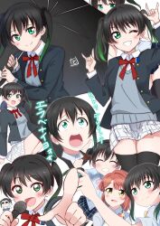 Rule 34 | 2girls, \m/, absurdres, bkub (style), black hair, black jacket, black thighhighs, black umbrella, blue shirt, blue skirt, blue vest, blush, closed mouth, collared shirt, commentary request, facing viewer, gradient hair, green eyes, green hair, hair bun, hair ornament, hairclip, hands up, highres, holding, holding microphone, holding umbrella, jacket, long sleeves, looking at viewer, looking up, love live!, love live! nijigasaki high school idol club, medium hair, microphone, multicolored hair, multiple girls, multiple views, neck ribbon, nico nico nii, nijigasaki school uniform, one eye closed, open mouth, pink hair, plaid clothes, plaid skirt, pleated skirt, pointing, pointing at viewer, red ribbon, ribbon, school uniform, selfie, shirt, single side bun, skirt, smile, summer uniform, takasaki yu, thighhighs, translation request, twintails, uehara ayumu, umbrella, upper body, vest, white shirt, white skirt, winter uniform, yellow eyes, zero-theme, zettai ryouiki