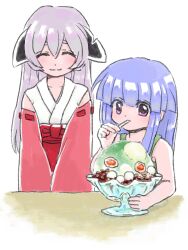 2girls blue_hair blunt_bangs closed_eyes detached_sleeves eating food furude_rika hakama hakama_skirt hanyuu highres higurashi_no_naku_koro_ni higuyuki0 horns japanese_clothes long_hair long_sleeves multiple_girls nontraditional_miko pink_eyes purple_hair ribbon-trimmed_sleeves ribbon_trim shaved_ice shirokuma_(food) skirt sleeveless smile