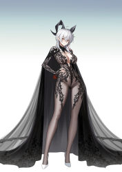 1girl absurdres ahoge black_bridal_gauntlets black_cape black_dress black_horns breasts bridal_gauntlets cape chronopattern_dress closed_mouth commentary curled_horns dress earrings english_commentary full_body gradient_background grey_hair hair_between_eyes hand_on_own_hip highres horns jewelry key_earrings large_breasts long_hair looking_at_viewer meme_attire multicolored_hair red_eyes shizuko_hideyoshi shoes solo streaked_hair white_shoes wuthering_waves zani_(wuthering_waves)