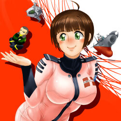 Rule 34 | 1boy, 1girl, ahoge, blush, bodysuit, breasts, brown hair, chibi, emblem, epaulettes, green eyes, harada makoto, highres, jacket, katou saburou, long sleeves, looking at another, military, military jacket, military uniform, ookami makoto, pink bodysuit, short hair, shoulder boards, solo focus, spacecraft, spacesuit, starfighter, two-tone background, uchuu senkan yamato, uchuu senkan yamato 2199, yamato (uchuu senkan yamato)