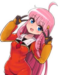 Rule 34 | 1girl, ahoge, blue eyes, braid, breasts, commentary, donburi (donburikazoku), double v, female focus, long hair, looking at viewer, nono (top wo nerae 2!), open mouth, pink hair, simple background, smile, solo, top wo nerae! (series), top wo nerae 2!, v, white background