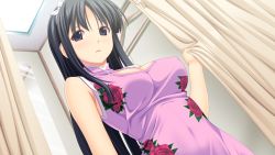 10s 1girl bare_shoulders black_eyes black_hair breasts cleavage cleavage_cutout clothing_cutout covered_erect_nipples female_focus fukami_nagisa game_cg hair_ribbon highres koutaro long_hair ribbon solo standing tropical_kiss tropical_vacation twinkle_(company) upper_body