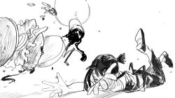1girl absurdres boridongja burger chainsaw_man cup closed_eyes fingerprint food greyscale higashiyama_kobeni highres monochrome open_hands ponytail short_hair sketch slipping soda solo spilling sweat sweatdrop tray