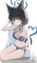 1girl absurdres animal_ear_fluff animal_ears bikini black_eyes black_hair blue_archive blue_bikini blush breasts cat_ears cat_girl cat_tail cleavage closed_mouth highres kikyou_(blue_archive) looking_at_viewer multiple_tails navel official_alternate_costume shj1998z short_hair solo stomach swimsuit tail two_tails