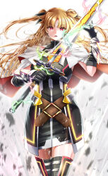 1girl adapted_costume adapted_weapon bardiche_(nanoha) bare_shoulders belt black_dress black_gloves black_ribbon black_thighhighs blonde_hair capelet commentary_request dress energy_sword fate_testarossa gloves hair_ribbon hand_up highres holding holding_sword holding_weapon lightning long_hair looking_at_viewer lyrical_nanoha magic mahou_shoujo_lyrical_nanoha_strikers off-shoulder_dress off_shoulder open_mouth paid_reward_available parted_bangs red_eyes ribbon solo sougetsu_izuki standing sword thighhighs turtleneck turtleneck_dress two_side_up weapon white_capelet zettai_ryouiki