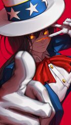 1girl american_flag american_flag_print black_hair bow chainsaw_man cosplay female_focus flag_print gloves hat highres jacket lips long_hair looking_at_viewer peace_symbol red_background red_bow ringed_eyes scar scar_on_face simple_background tettora top_hat uncle_sam uncle_sam_(cosplay) upper_body white_gloves yellow_eyes yoru_(chainsaw_man)