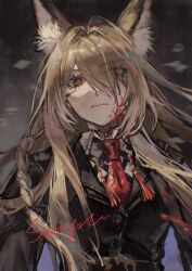 Rule 34 | 1girl, absurdres, animal ear fluff, animal ears, arknights, blonde hair, blood, blood in hair, blood on face, braid, brown eyes, closed mouth, facial scar, fox ears, fox girl, hair over one eye, highres, long hair, looking at viewer, necktie, pisi peace, red necktie, red pupils, scar, scar on cheek, scar on face, single braid, solo, tassel, upper body, vulpisfoglia (arknights)
