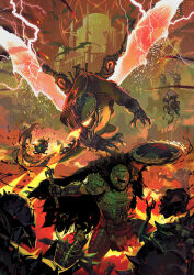 Rule 34 | 1boy, armor, battle, cacodemon, cape, doom: the dark ages, doom (series), doomguy, dragon, energy wings, flail, fur cape, highres, imp (doom), mark of the doom slayer, melee, non-humanoid robot, robot, robot dragon, shield, spiked pauldrons, swinging weapon, toni infante, weapon
