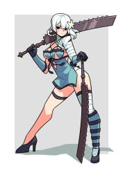 1girl asymmetrical_legwear bandaged_arm bandaged_leg bandages black_eyes black_footwear blue_dress border braid breasts cleavage commentary dress flower full_body garter_belt grey_background hair_flower hair_ornament high_heels highres holding holding_weapon kaine_(nier) lingerie looking_at_viewer nier nier_(series) outside_border panties panty_peek shadow simple_background solo standing timtam underwear weapon white_border white_hair
