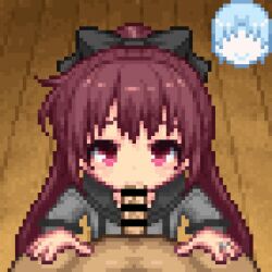 1boy 1girl amane_tsukasa animated animated_gif blush bow breasts clothed_female_nude_male completely_nude cum cum_on_body cum_on_hair ejaculation facial fellatio hair_bow hair_ornament hand_on_another&#039;s_head hetero irrumatio loli long_hair looking_at_viewer magia_record:_mahou_shoujo_madoka_magica_gaiden mahou_shoujo_madoka_magica niino nipples nude oral penis pixel_art ponytail pov pov_crotch pov_hands red_eyes red_hair small_breasts solo_focus tagme tears wooden_floor