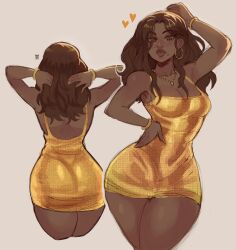 Rule 34 | 1girl, absurdres, bracelet, brown eyes, brown hair, dark-skinned female, dark skin, dress, earrings, gold bracelet, gold dress, grand theft auto, grand theft auto vi, grey background, hand on own hip, highres, hoop earrings, jewelry, long hair, lucia caminos, mole, mole under mouth, multiple views, short dress, simple background, sleeveless, sleeveless dress, solo, widisu