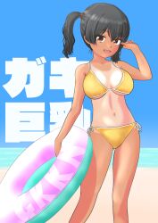 1girl bikini borrowed_character breasts fangs gaki_kyonyuu hair_between_eyes highres innertube large_breasts navel open_mouth original red_eyes sasaki_kanna side-tie_bikini_bottom solo swim_ring swimsuit twintails yellow_bikini